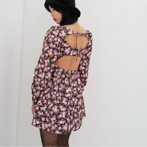 For Love and Lemons Kate Mini Dress Long Sleeve Black Floral Size Small